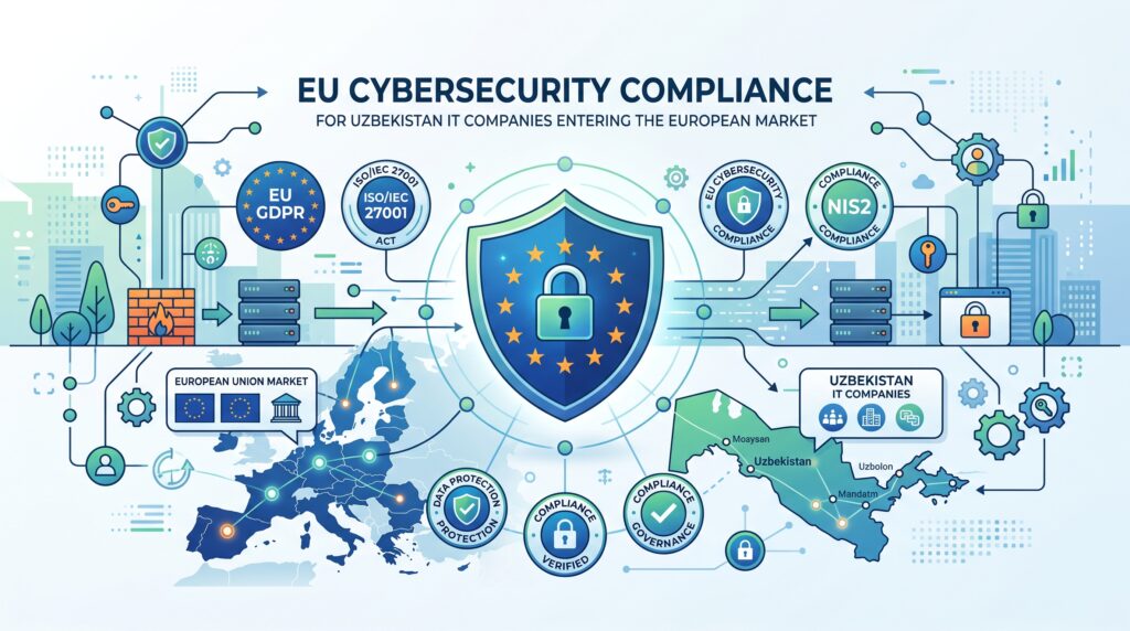 Flat-Art-Illustration: Vernetzung von Usbekistan und EU für IT-Sicherheit & Compliance mit Schutzschild- und Zertifikat-Symbolen.