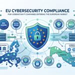 Flat-Art-Illustration: Vernetzung von Usbekistan und EU für IT-Sicherheit & Compliance mit Schutzschild- und Zertifikat-Symbolen.
